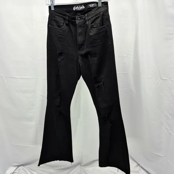 GIRL.ISH Distressed High Rise Raw Hem Flare Black Jean Size 5/27 L.A. Designer - Picture 1 of 11